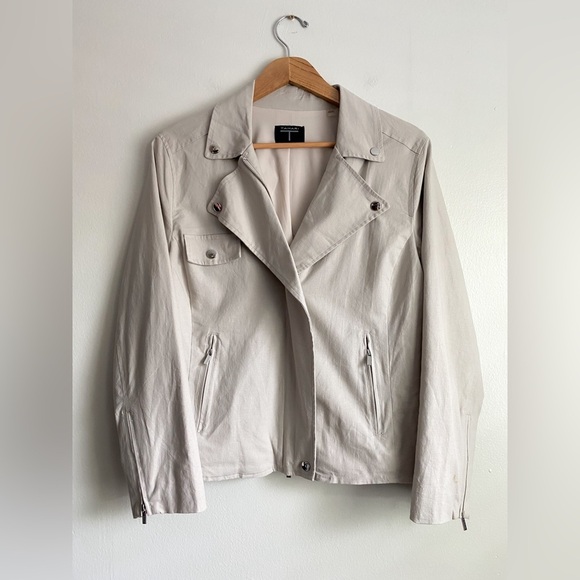 Tahari Linen Gray Moto Dual Zip Up Jacket Collard Utility Motocycle Western L - Picture 2 of 10